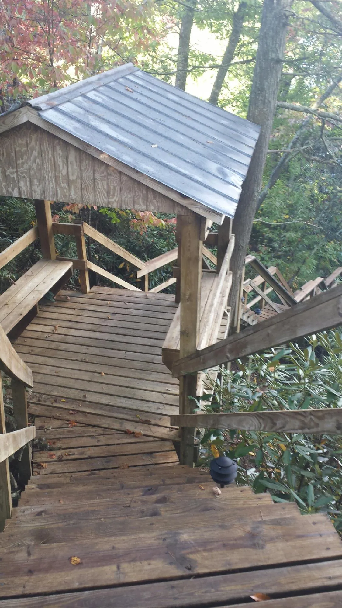 Metal roofed shelter over wooden steps on a wooded walkway — Skylight Repair & Installation work by our crew in Gladewater
